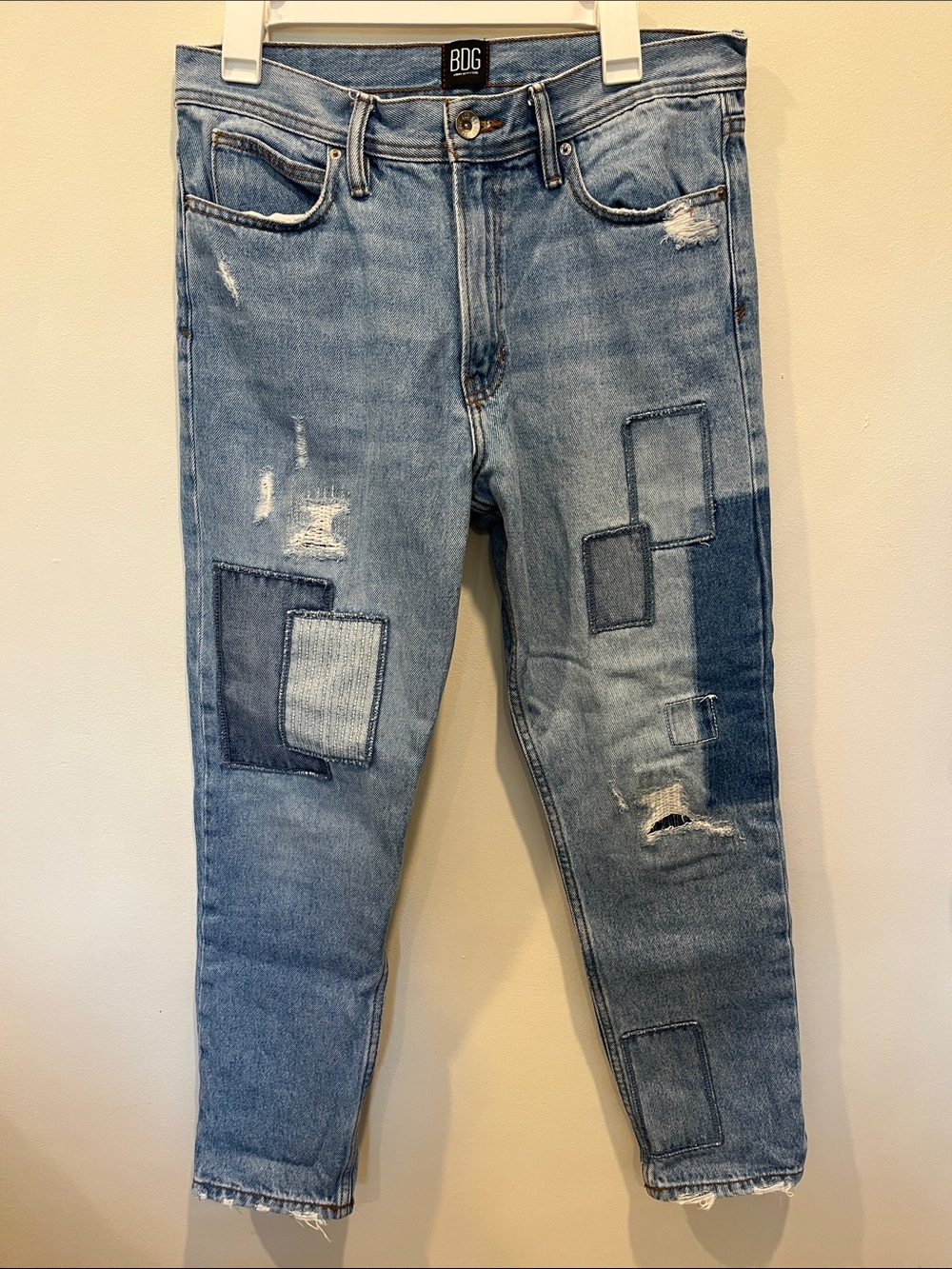 BDG Men's ‘Dad Slim’ Light Blue Patchwork Jeans, Taper Fit, 31x32